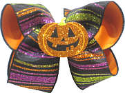 Large Glitter Stripes on Black over Orange with Glitter Jack-O-Lantern Miniature Double Layer Overlay Bow